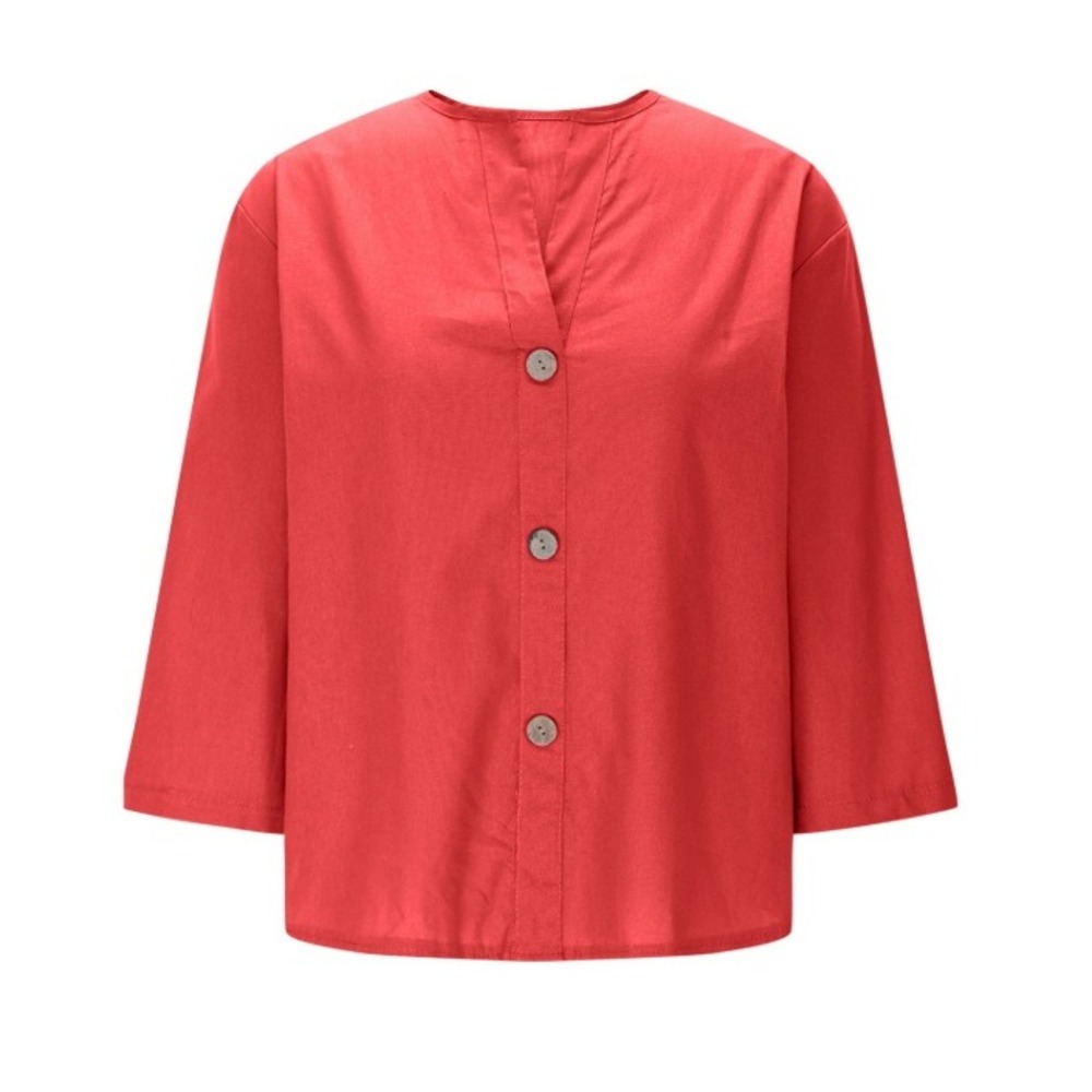 Unbranded Blouse Women 2XL Red Split Neck 3/4 Sleeve Button Up Casual Top